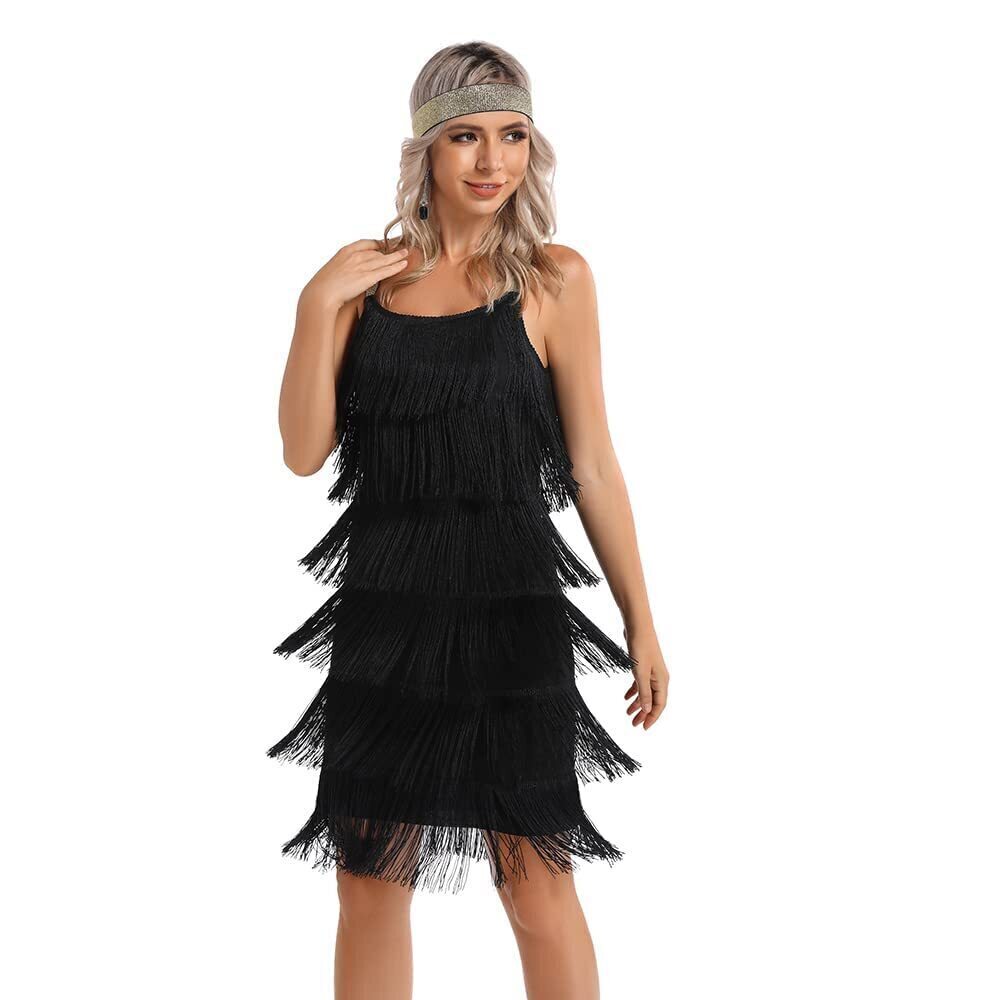 9636 Great Gatsby Flapper Spaghetti Tassel Dress with Headband, 20s Elegant